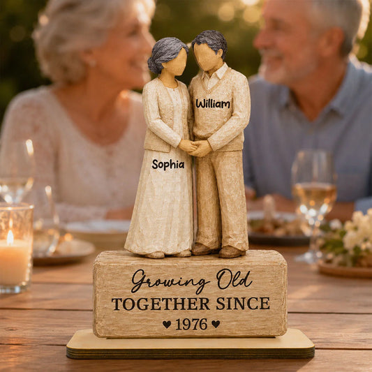 Custom Old Couple Wooden Plaque - Personalized Names Holding Hands Romantic Anniversary Gift