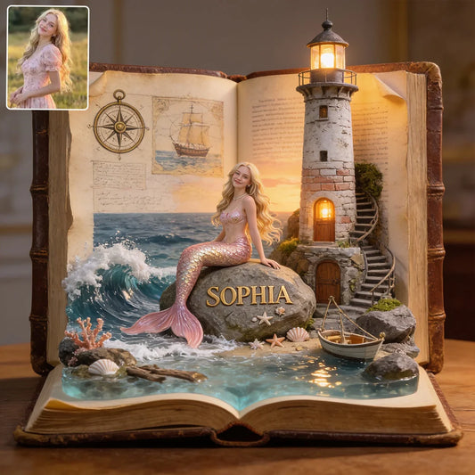 Custom Mermaid In The Book Wooden Plaque - Personalized Photo Mermaid Gift For Her