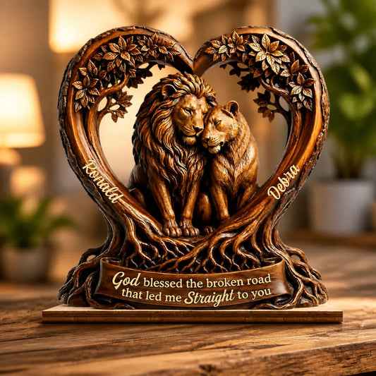 Custom Lion Couple Wooden Plaque - Personalized Anniversary Gifts For Husband & Wife - God Blessed The Road To You
