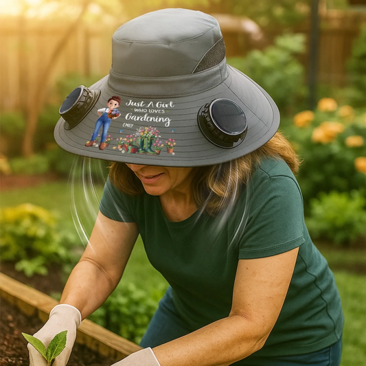 Custom Solar Fan Hat - Personalized Gardening Gifts For Women - Just A Girl Who Loves Gardening