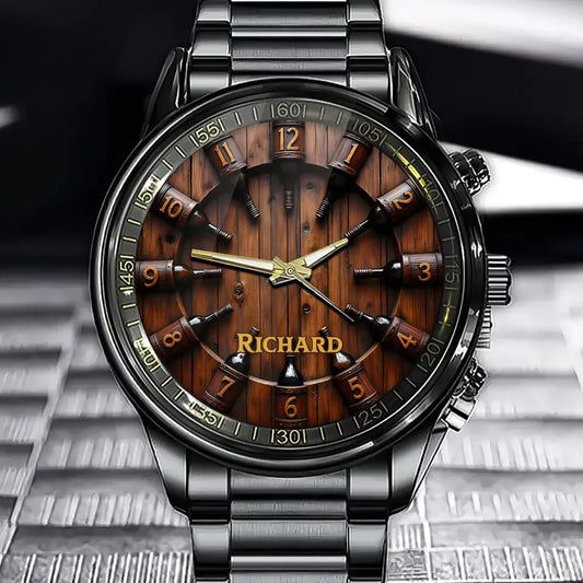 Custom Whiskey Barrel Watch - Personalized Name Gift For Dad, Husband or Grandpa