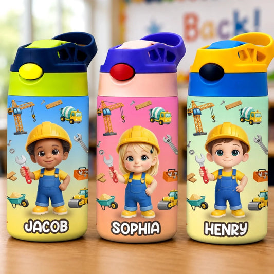 Custom Kids Insulated Water Bottle - Personalized Back To School Gifts For Kids - Little Builder