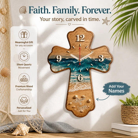 Custom Beach Cross Wooden Wall Clock - Personalized Name Coastal Wall Decor