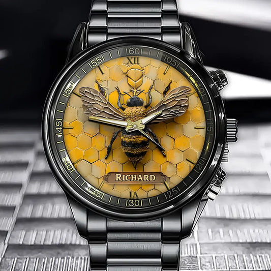 Custom Bee Watch - Personalized Honey Bee Gift For Beekeepers & Nature Lovers - Unique Engraved Name Wristwatch