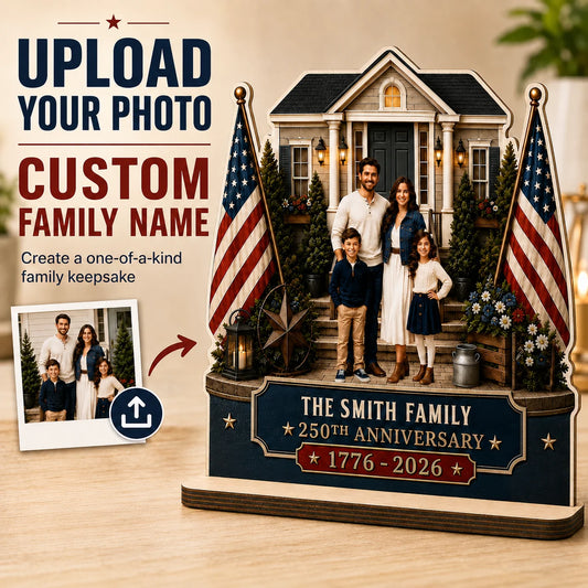 Custom America 250th Anniversary Wooden Plaque - Personalized Family Name Photo Keepsake
