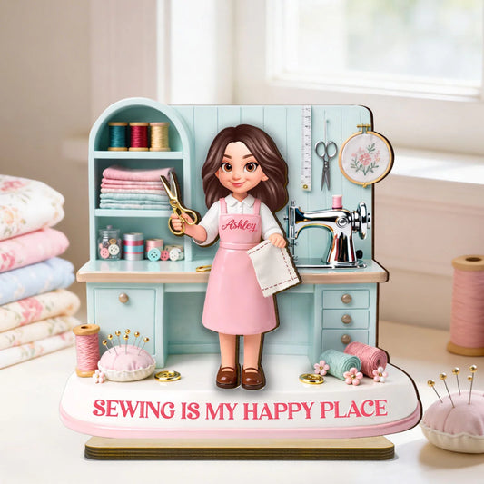 Custom Wooden Sewing Plaque - Personalized Gifts For Mom, Grandma & Sewing Lovers - Sewing Is My Happy Place