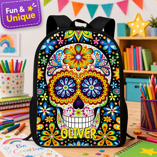Custom Mexican Day Of The Dead Backpack - Personalized Name Sugar Skull Print Colorful Floral Large Capacity School Travel Bag