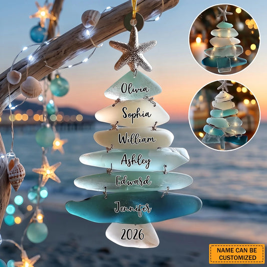 Custom Coastal Christmas Acrylic Ornament - Personalized Family Names Beach Glass Tree Decor