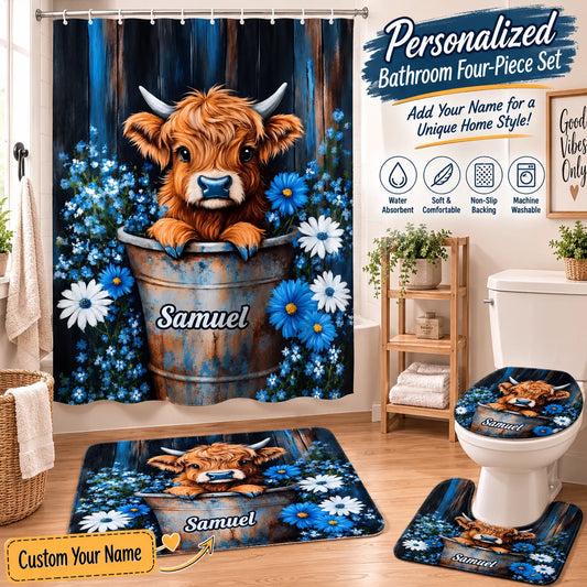 Custom Highland Cow Bathroom Set - Personalized Name Shower Curtain And Bath Mat Farmhouse Decor