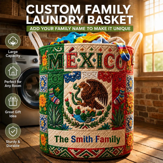 Custom Mexico Laundry Basket - Personalized Family Name Mexican Flag Folk Art Clothes Hamper