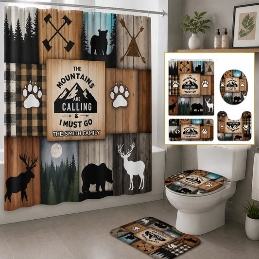 Custom Bathroom Set - Personalized Rustic Woodland Bathroom Decor - The Mountains Are Calling