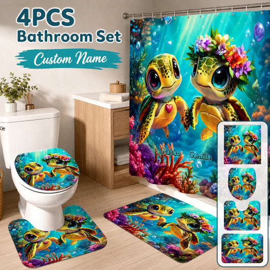 Custom Sea Turtle Bathroom Set - Personalized Name Shower Curtain And Bath Mat Ocean Decor