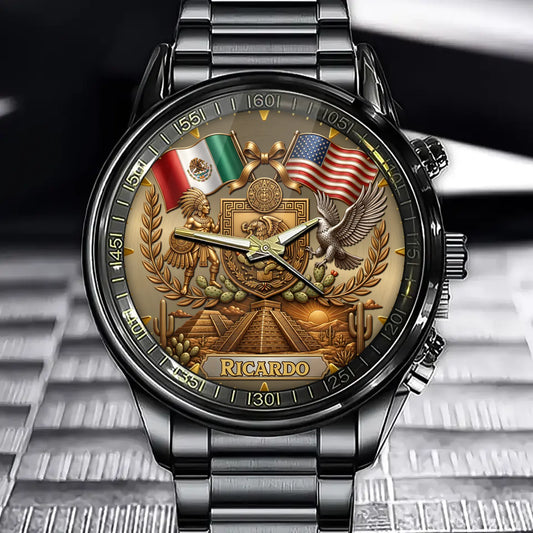 Custom Mexican American Watch - Personalized Name Heritage Gift For Men - Two Nations, One Heart