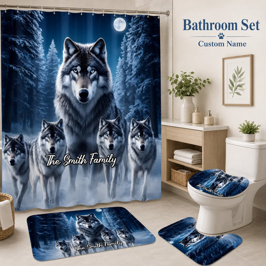 Custom Wolf Shower Bathroom Set- Personalized Snowy Forest Bathroom Decor For Wildlife Lovers