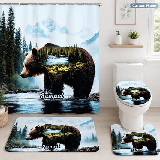 Custom Mountain Bathroom Set - Personalized Bear Forest Lake Bathroom Decor For Nature Theme Room