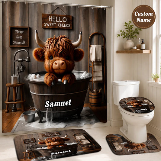 Custom Funny Bathroom Set - Personalized Name Highland Cow Hello Sweet Cheeks Bath Set