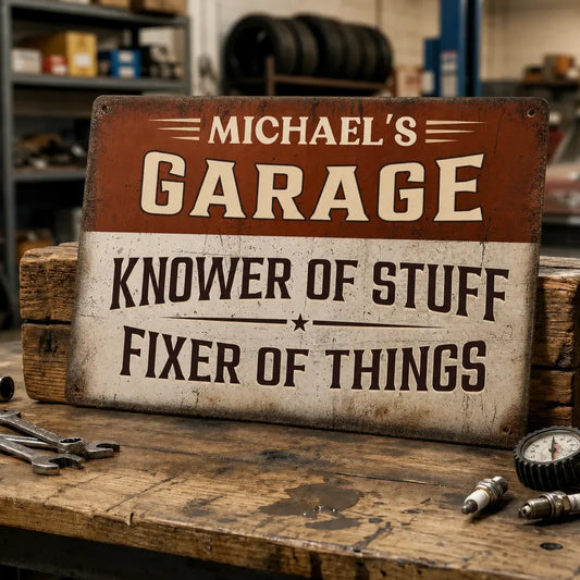 Custom Garage Metal Sign - Personalized Gifts For Dad, Husband & Handyman - Knower Of Stuff, Fixer Of Things