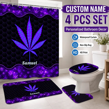 Custom Cannabis Leaf Bathroom Set - Personalized Name Purple Shower Curtain And Bath Mat Decor