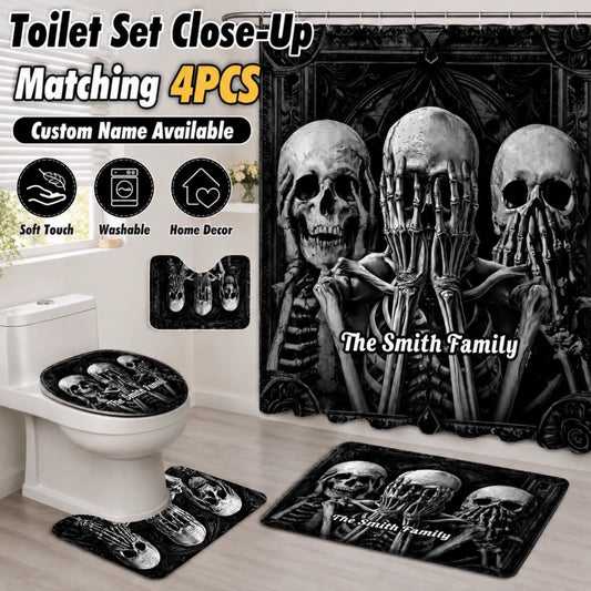 Custom Gothic Skeleton Bathroom Set - Personalized Name Skull Shower Curtain And Bath Mat Decor