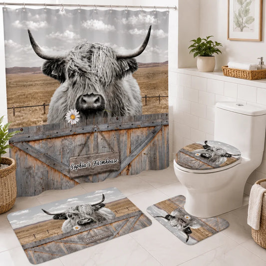 Custom Highland Cow Bathroom Set - Personalized Name Farmhouse Shower Curtain And Bath Mat Decor