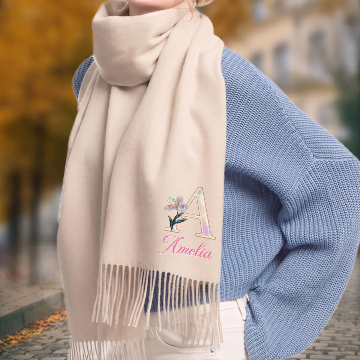 Custom Birth Flower Scarf - Personalized Initial & Name Gift For Women - Wrapped In Her Own Bloom