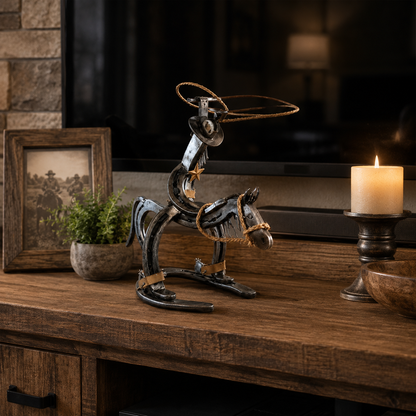 Western Metal Cowboy Riding Horse Sculpture – Rustic Ranch Home & Office Decor