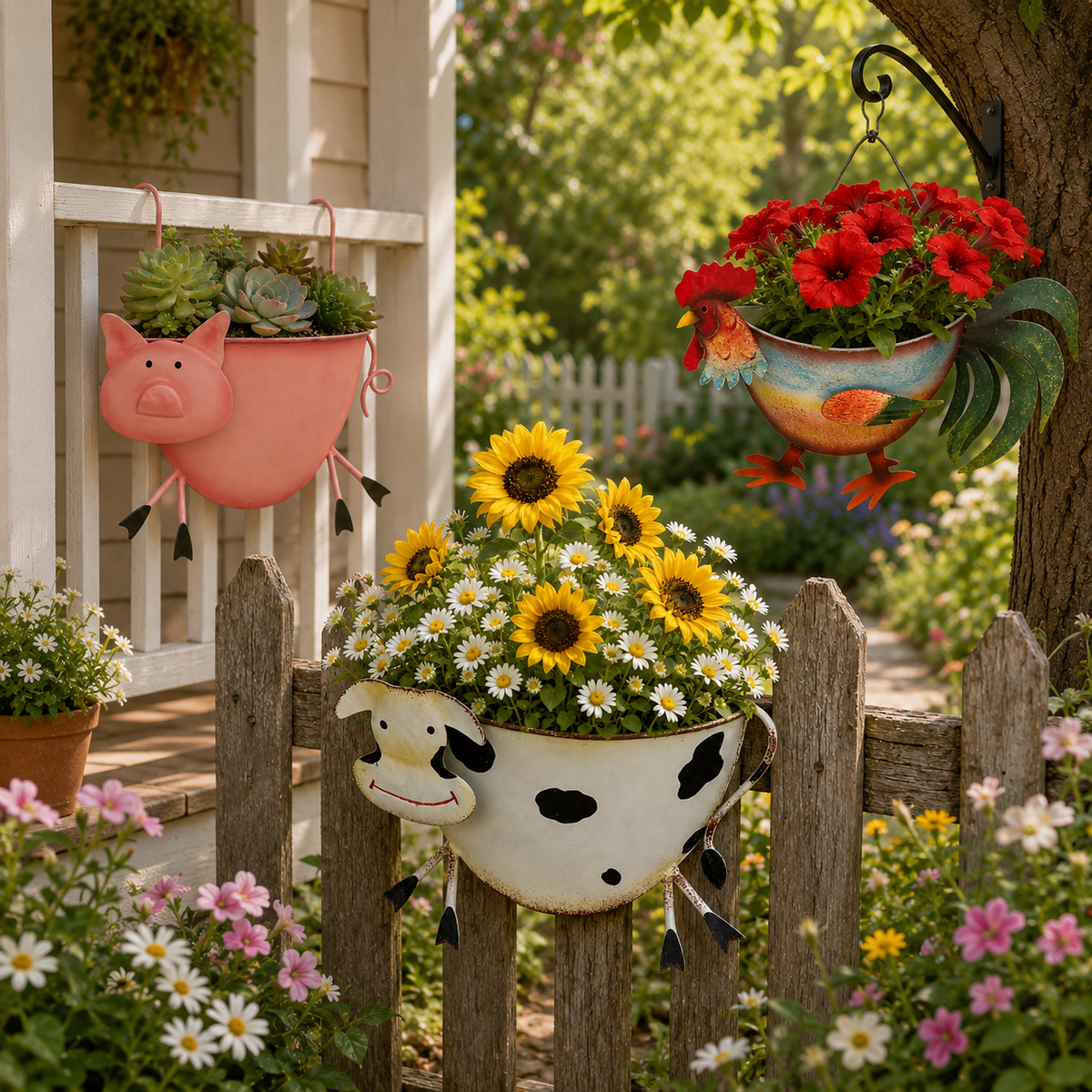Rustic Farm Animal Metal Fence Planter – Pig, Cow & Rooster Hanging Flower Pot for Garden Decor