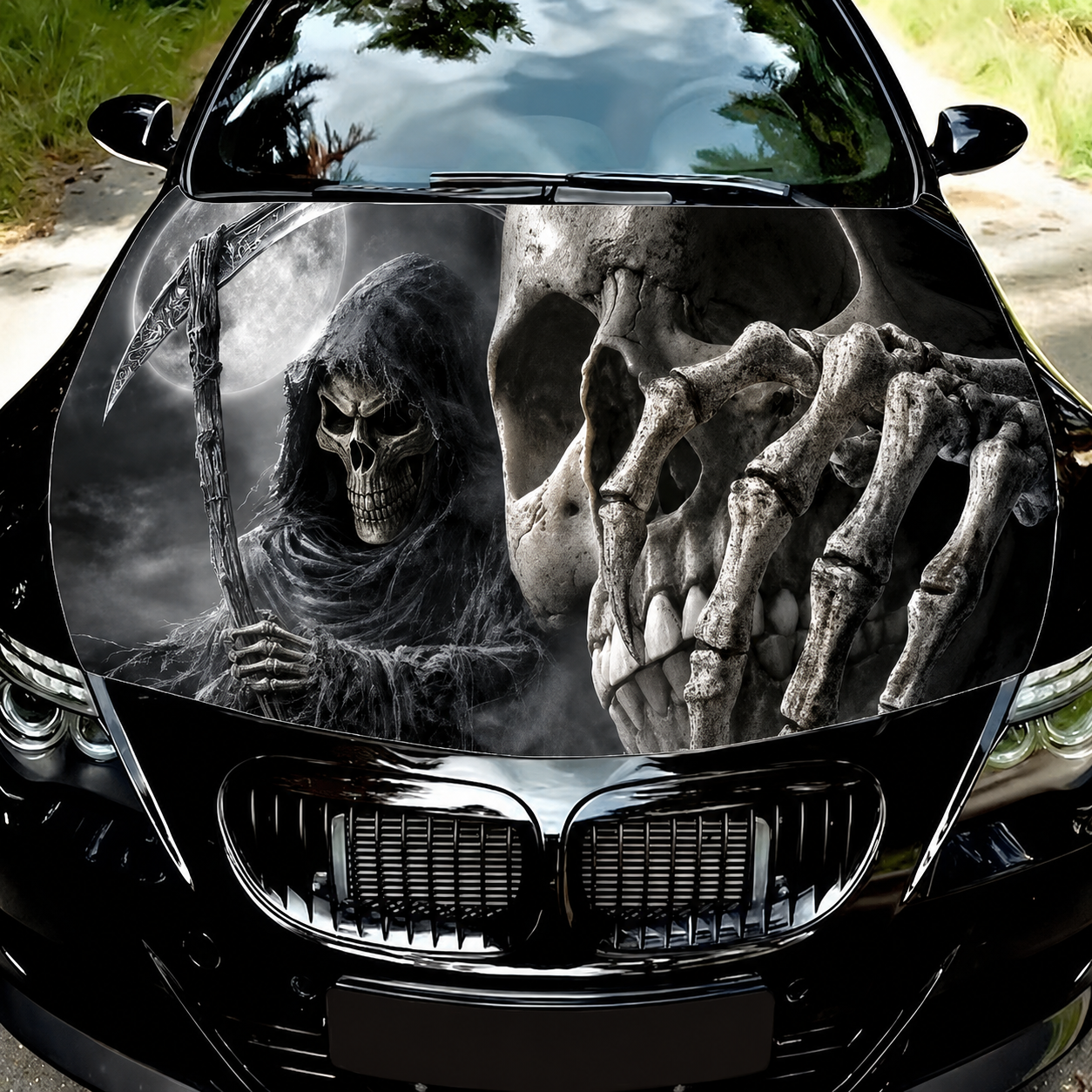 Reusable Halloween Car Hood Cover – 2D Printed Gothic Skull, Grim Reaper & Witch Vehicle Decoration