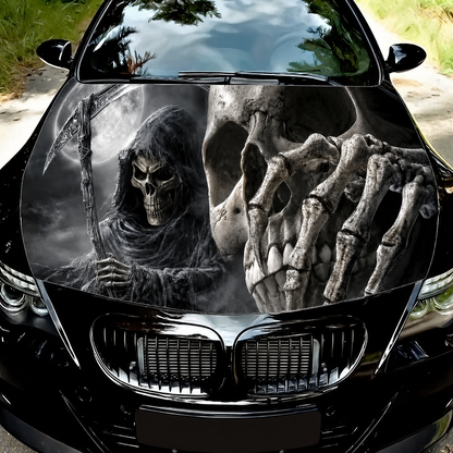 Reusable Halloween Car Hood Cover – 2D Printed Gothic Skull, Grim Reaper & Witch Vehicle Decoration