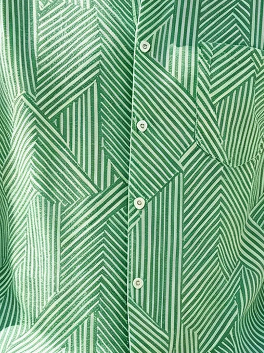 Linen-Texture Geometric Stripe Chest Pocket Holiday Hawaiian Shirt