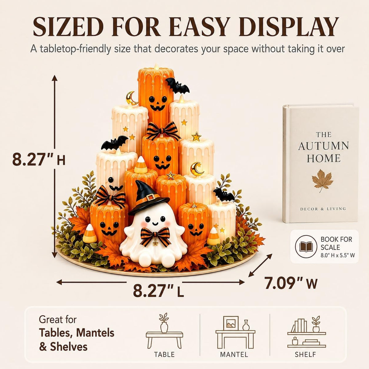 Flameless LED Ghost Halloween Tabletop Decoration | Stacked Faux-Wax Tower
