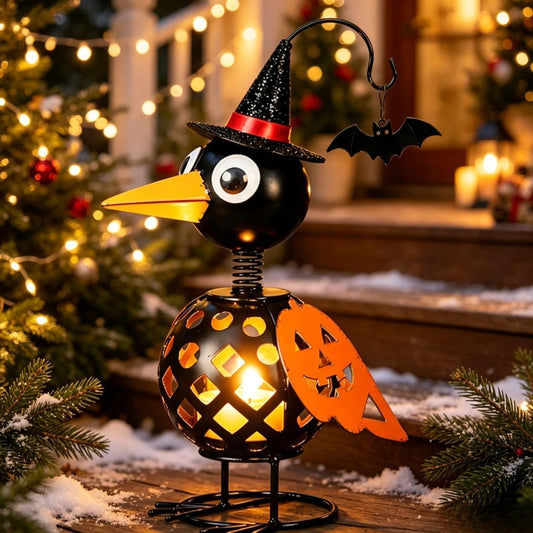 Halloween Crow Candle Holder – Metal Witch Bird Lantern with Pumpkin Wing & Hanging Bat