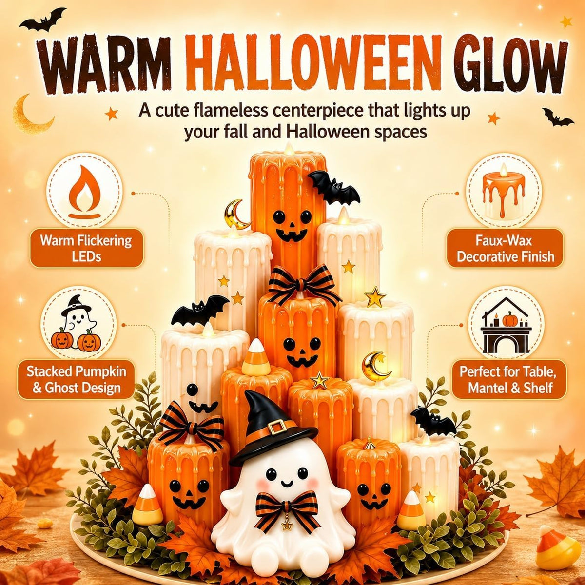 Flameless LED Ghost Halloween Tabletop Decoration | Stacked Faux-Wax Tower