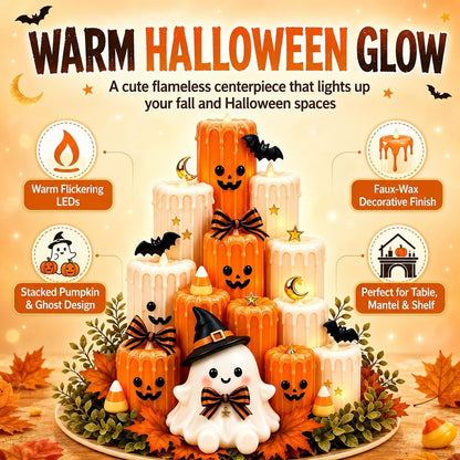 Flameless LED Ghost Halloween Tabletop Decoration | Stacked Faux-Wax Tower