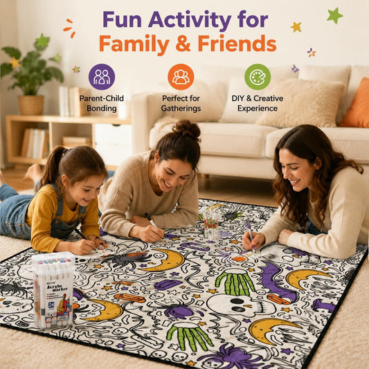 DIY Halloween Coloring Blanket with 24 Markers – Washable Creative Activity for Kids & Adults