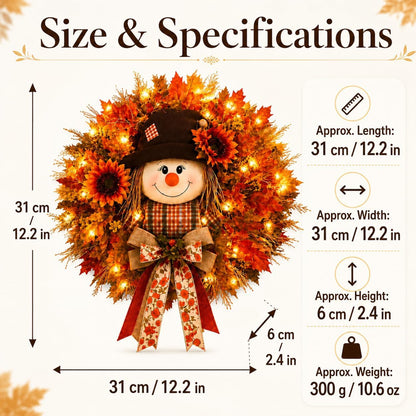 Lighted Scarecrow Fall Wreath – Cozy Autumn Front Door & Thanksgiving Decoration