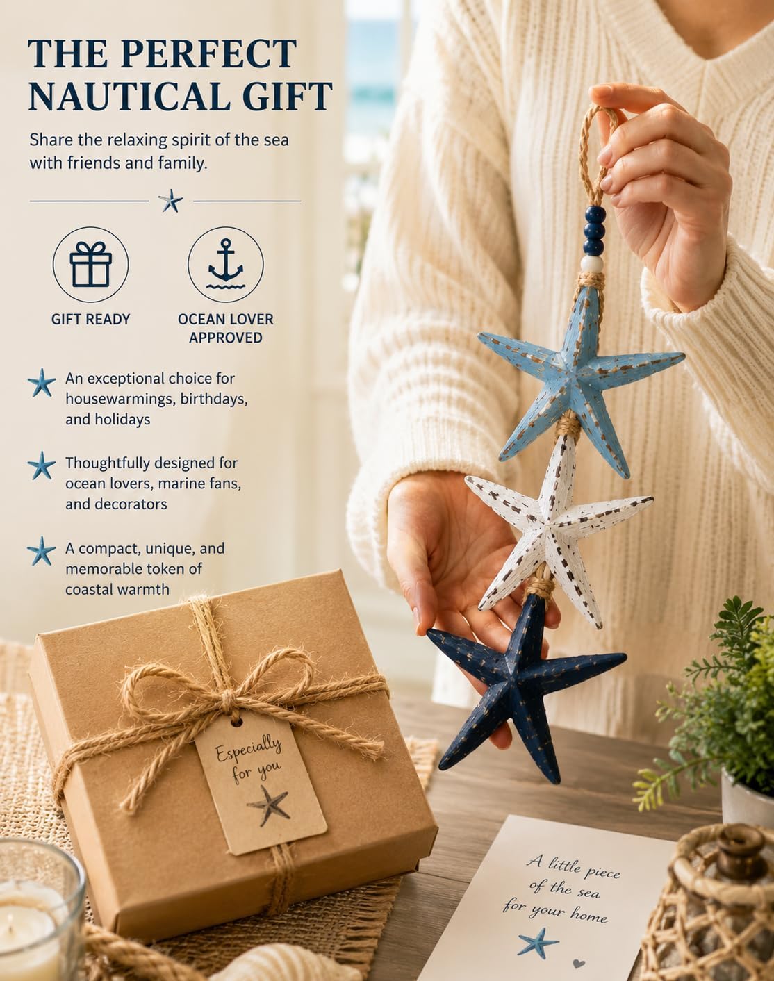 Lighted Coastal Starfish Door Hanger - Nautical Beach House Porch Decor