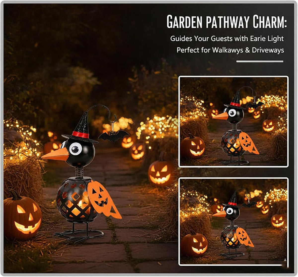 Halloween Crow Candle Holder – Metal Witch Bird Lantern with Pumpkin Wing & Hanging Bat