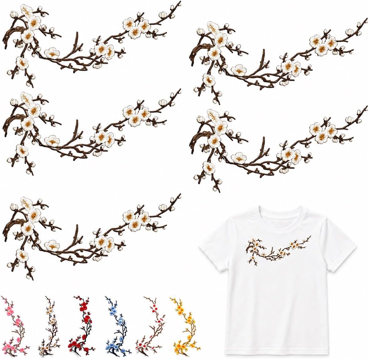 Cherry Blossom Embroidered Patch – Floral Iron-On Decoration for T-Shirts, Jackets & Bags