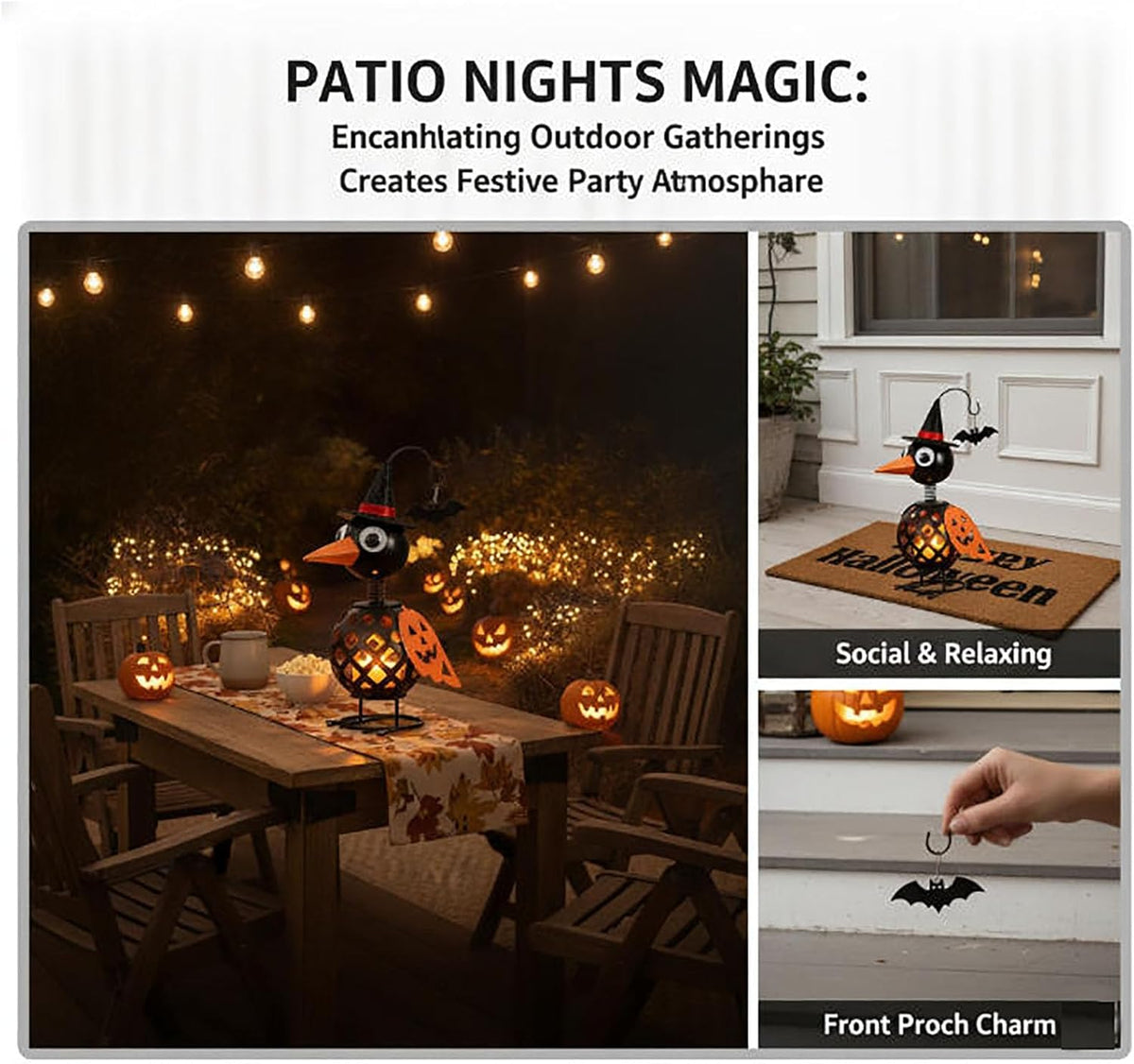 Halloween Crow Candle Holder – Metal Witch Bird Lantern with Pumpkin Wing & Hanging Bat