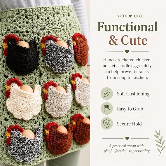 Hand-Crocheted Egg-Gathering Apron (with 12 Egg Pockets) — A Farm-Fresh Egg Collection Apron Designed for Backyard Chicken Keepers