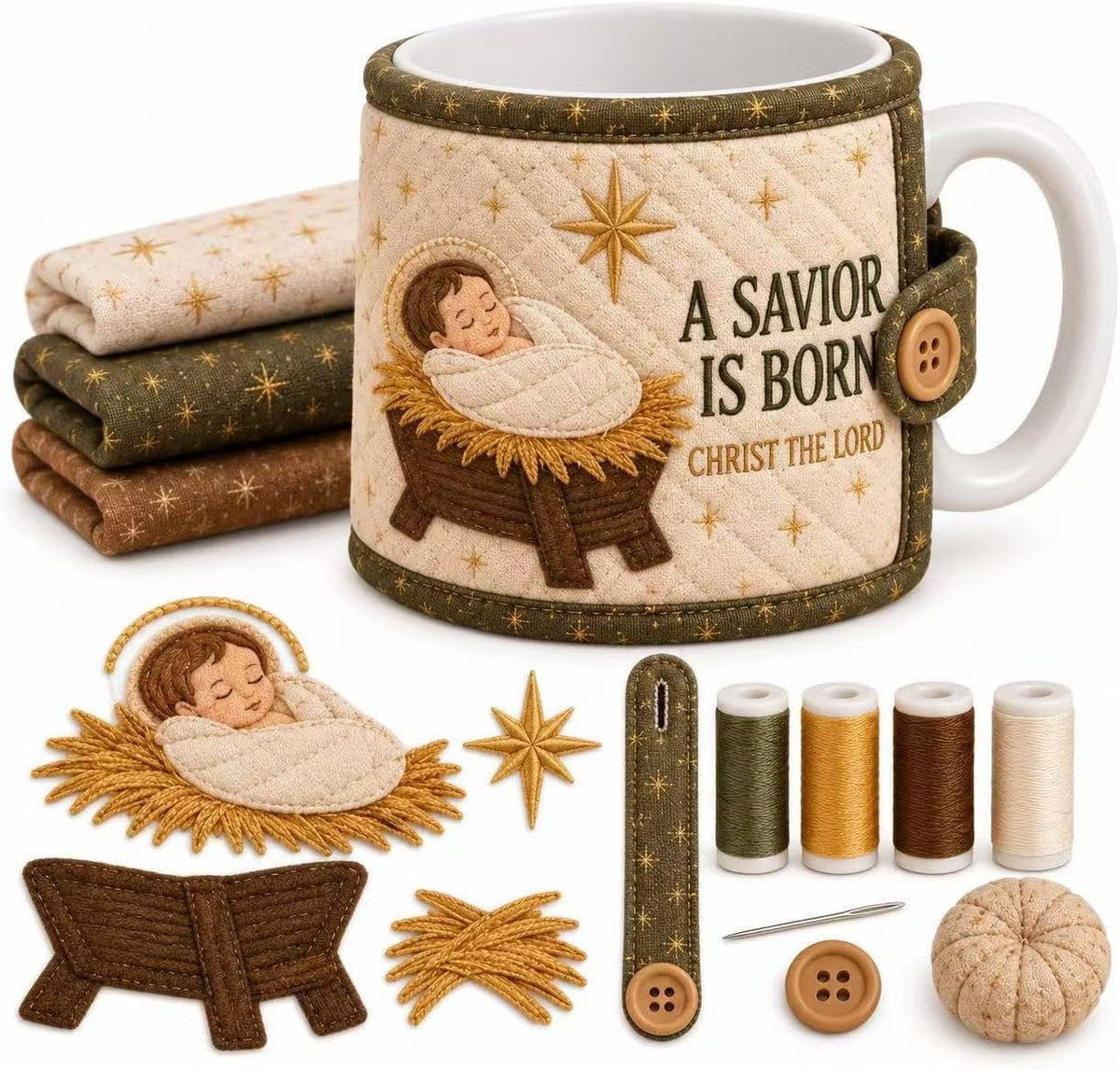 Christian Quilted Mug Cozy DIY Kit – Faith-Inspired Christmas Sewing Gift
