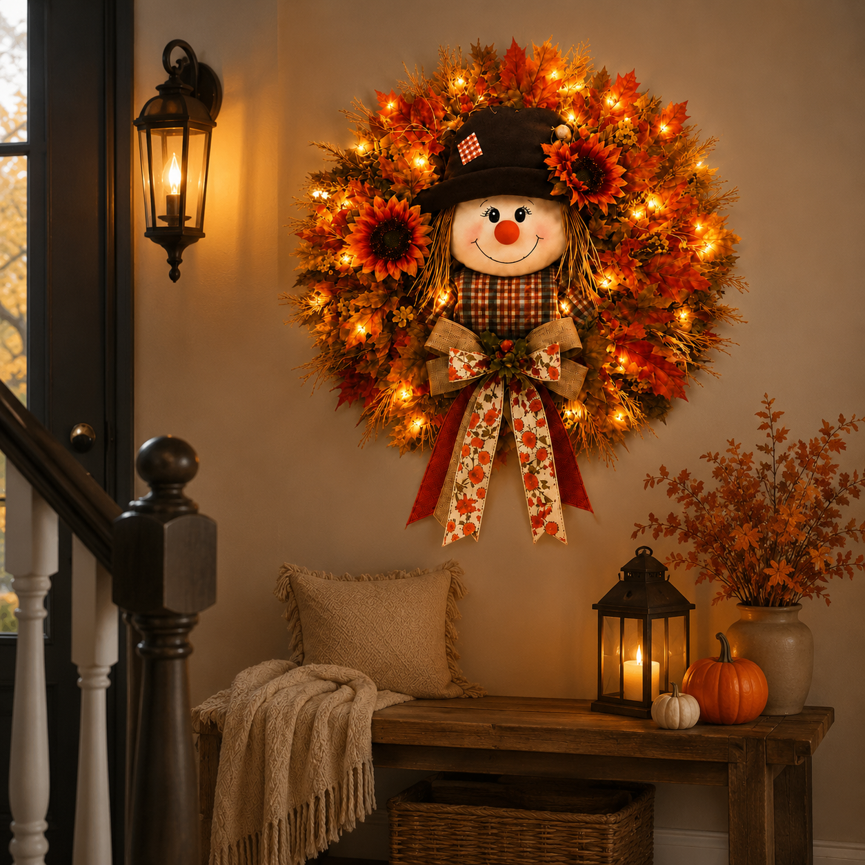 Lighted Scarecrow Fall Wreath – Cozy Autumn Front Door & Thanksgiving Decoration