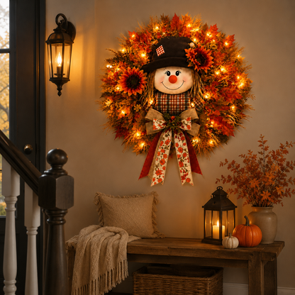 Lighted Scarecrow Fall Wreath – Cozy Autumn Front Door & Thanksgiving Decoration