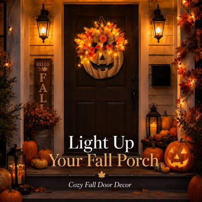 Lighted Burlap Pumpkin Wreath - Farmhouse Fall Halloween Door Decor