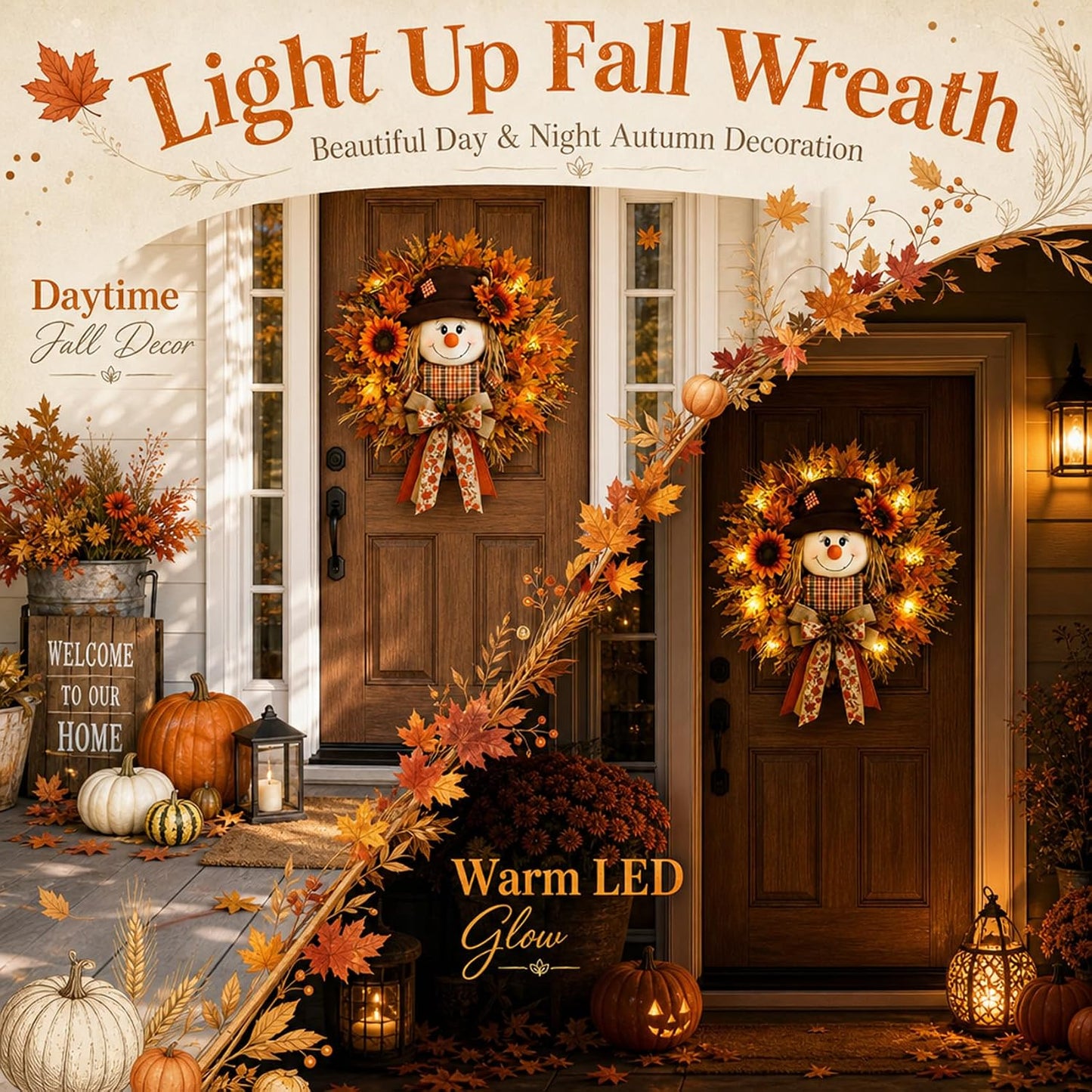Lighted Scarecrow Fall Wreath – Cozy Autumn Front Door & Thanksgiving Decoration