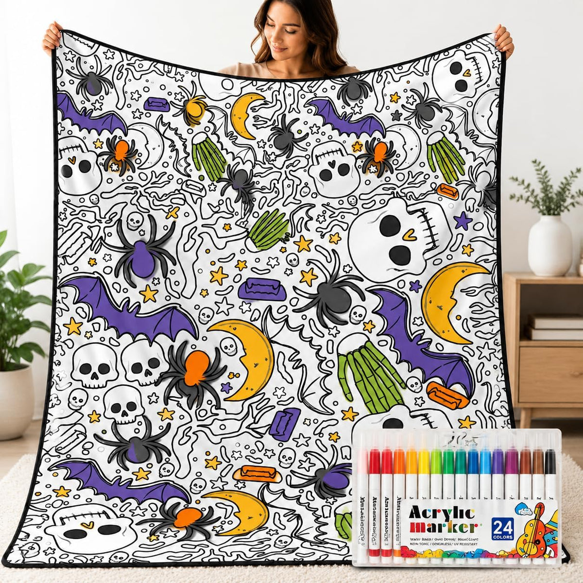 DIY Halloween Coloring Blanket with 24 Markers – Washable Creative Activity for Kids & Adults