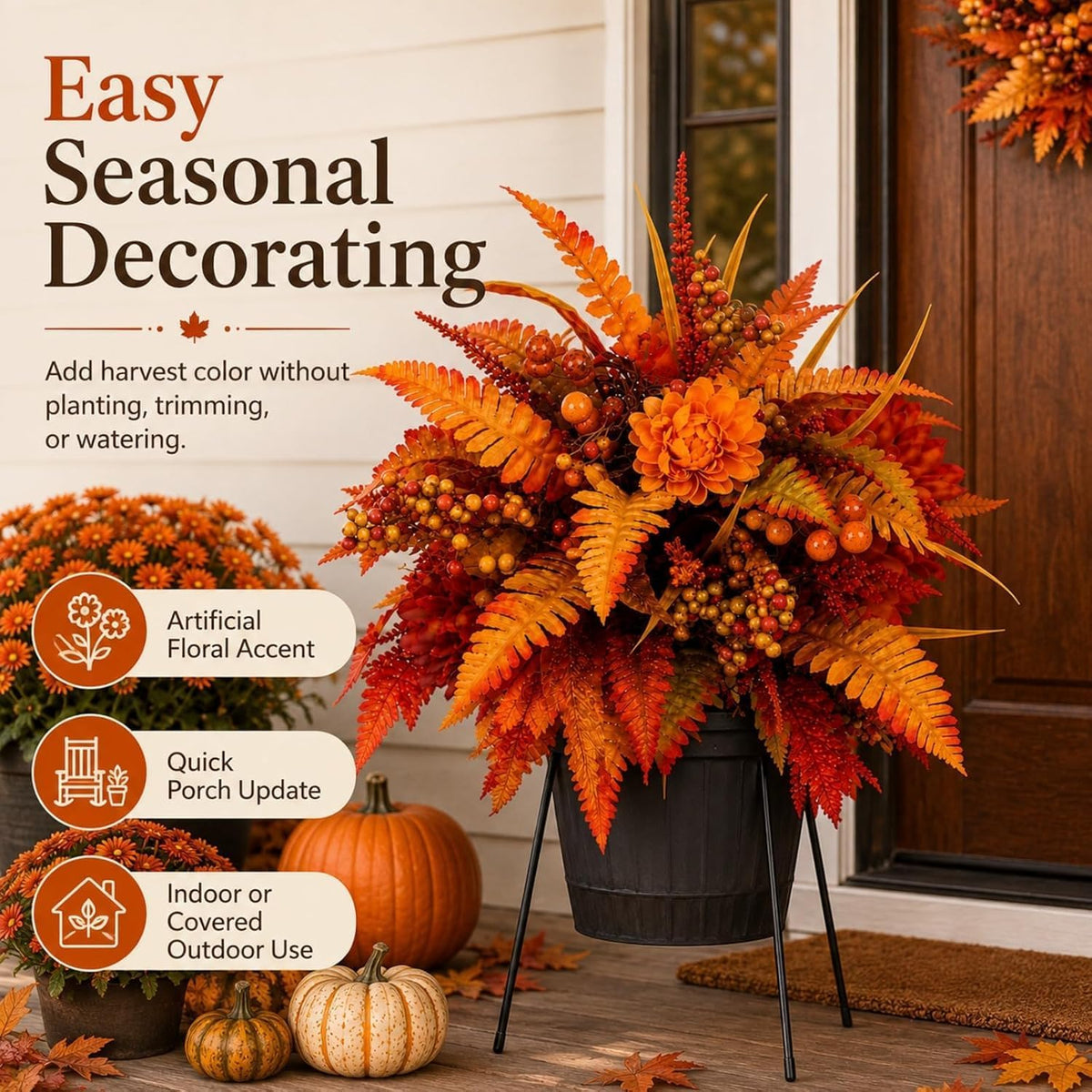 Autumn Thanksgiving Floral Wreath – Artificial Fall Harvest Wreath for Front Door, Porch & Thanksgiving Decor