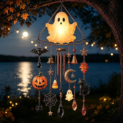 Halloween Crystal Wind Chime – Spooky Ghost, Pumpkin & Moon Hanging Decor for Porch, Garden & Window