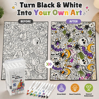 DIY Halloween Coloring Blanket with 24 Markers – Washable Creative Activity for Kids & Adults